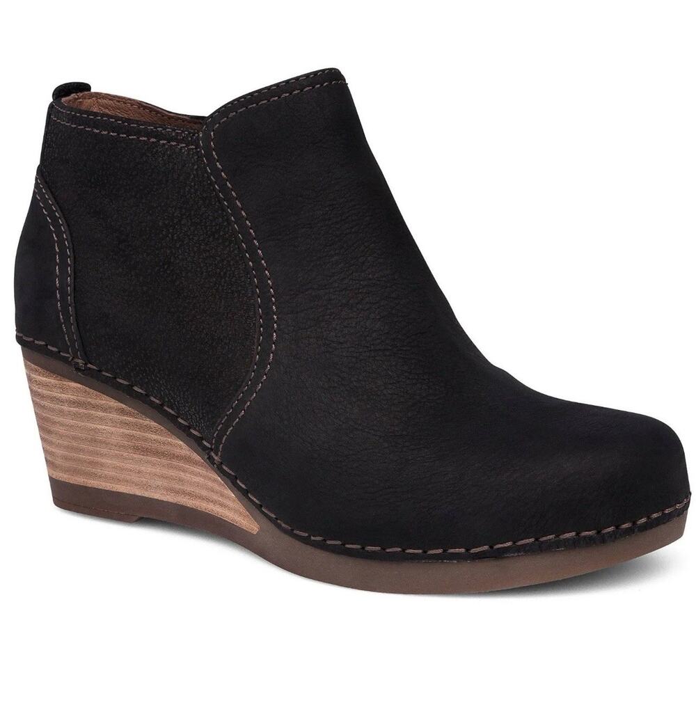 DANSKO Susan Black Nubuck Leather Wedge Ankle Booties EUR 37 Womens Size 6.5 7